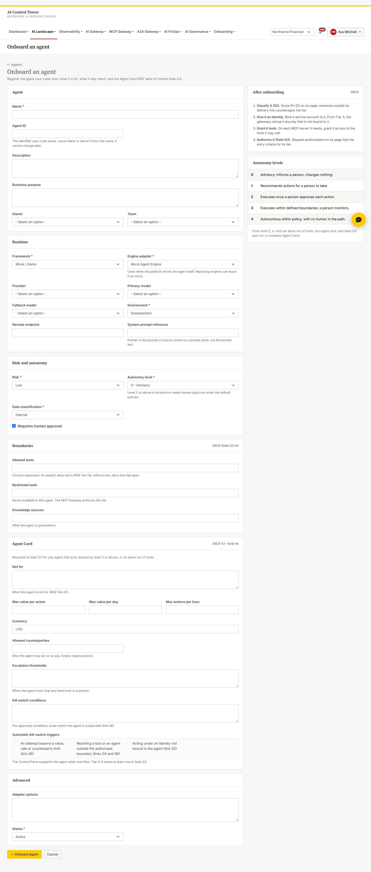 Onboarding an agent